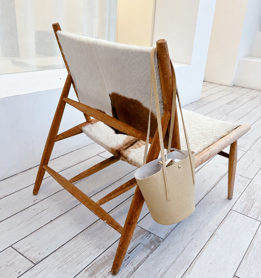 [100% COWHIDE LEATHER] LAMPAS DRAWSTRING BUCKET SHOULDER BAG