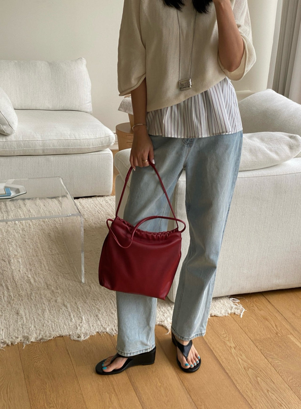 [100% CALF LEATHER] LIO DRAWSTRING BAG