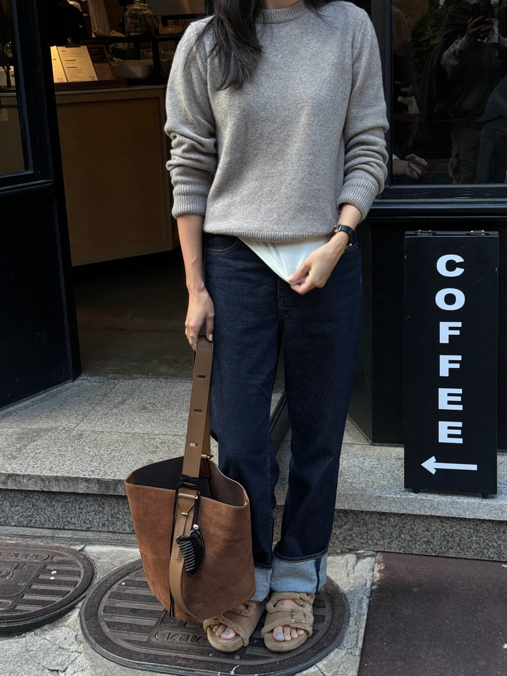 [100% COWHIDE SUEDE] ROVEN SUEDE BUCKET SHOULDER BAG